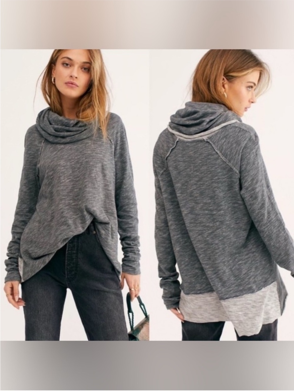 Free People Beach Two Tone Gray Cocoon Cowl Neck Pullover, EUC, size XS/S
